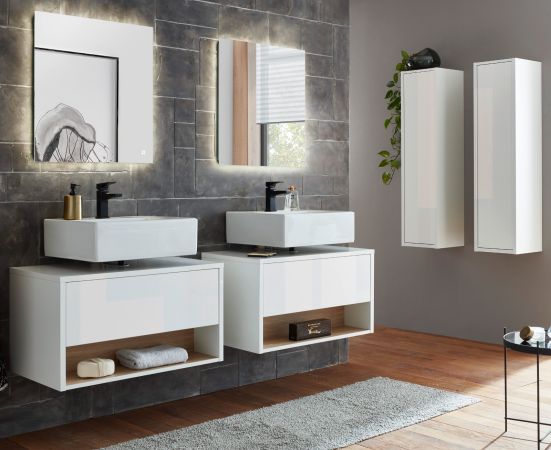 Badmbel Set 6-teilig Glide in wei Hochglanz und Eiche mit LED Beleuchtung 250 x 190 cm