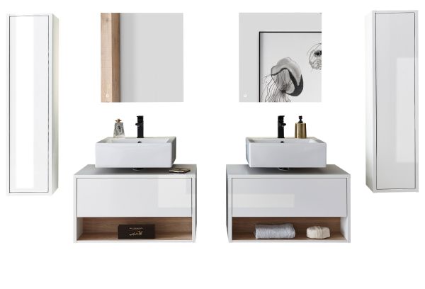 Badmbel Set 6-teilig Glide in wei Hochglanz und Eiche mit LED Beleuchtung 250 x 190 cm