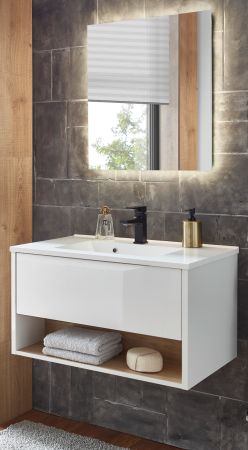 Badmbel Set Glide in wei Hochglanz und Eiche mit Waschbecken und LED Beleuchtung 80 x 190 cm