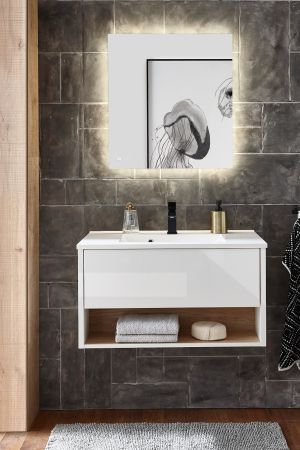 Badmbel Set Glide in wei Hochglanz und Eiche mit Waschbecken und LED Beleuchtung 80 x 190 cm