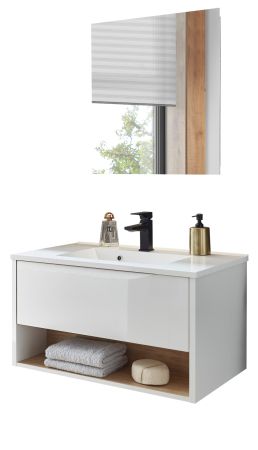 Badmbel Set Glide in wei Hochglanz und Eiche mit Waschbecken und LED Beleuchtung 80 x 190 cm