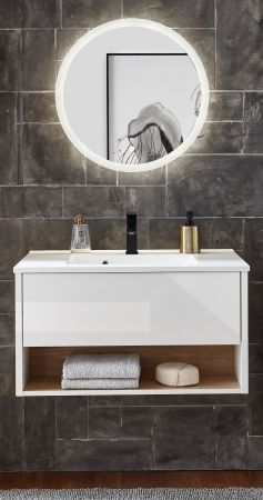 Badmbel Set Glide in wei Hochglanz und Eiche mit Waschbecken und LED Beleuchtung 80 x 190 cm