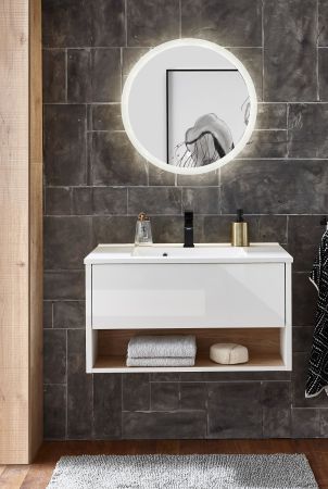 Badmbel Set Glide in wei Hochglanz und Eiche mit Waschbecken und LED Beleuchtung 80 x 190 cm