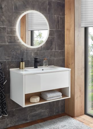 Badmbel Set Glide in wei Hochglanz und Eiche mit Waschbecken und LED Beleuchtung 80 x 190 cm