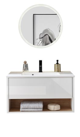 Badmbel Set Glide in wei Hochglanz und Eiche mit Waschbecken und LED Beleuchtung 80 x 190 cm
