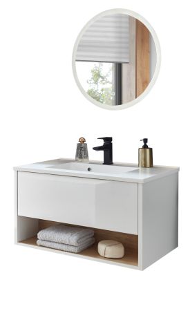 Badmbel Set Glide in wei Hochglanz und Eiche mit Waschbecken und LED Beleuchtung 80 x 190 cm
