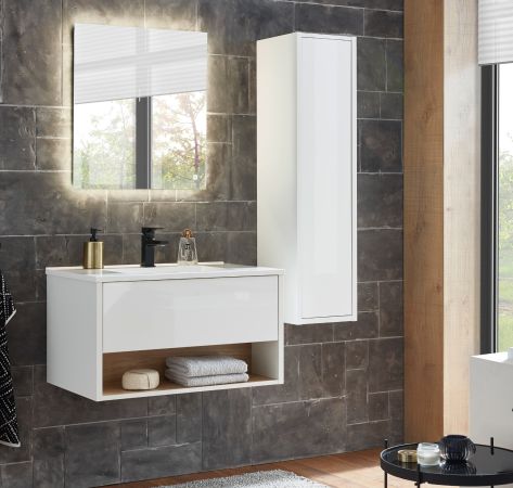 Badmbel Set Glide in wei Hochglanz und Eiche mit Waschbecken und LED Beleuchtung 120 x 190 cm