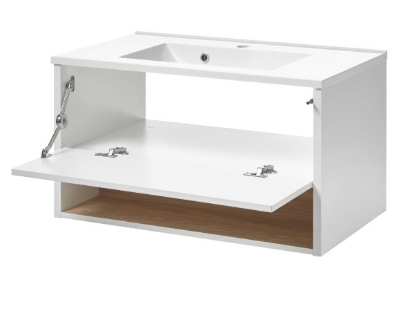 Badmbel Set Glide in wei Hochglanz und Eiche mit Waschbecken und LED Beleuchtung 120 x 190 cm
