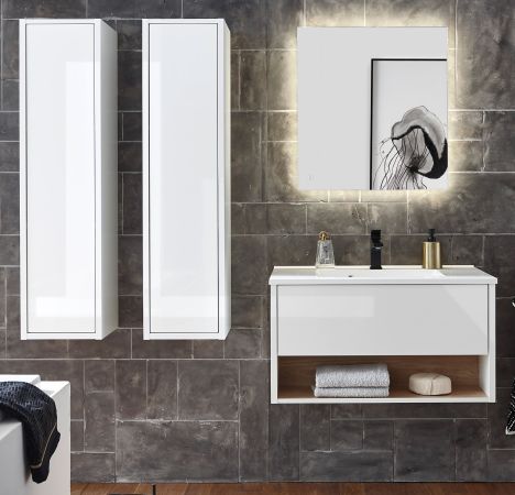 Badmbel Set Glide in wei Hochglanz und Eiche mit Waschbecken und LED Beleuchtung 160 x 190 cm