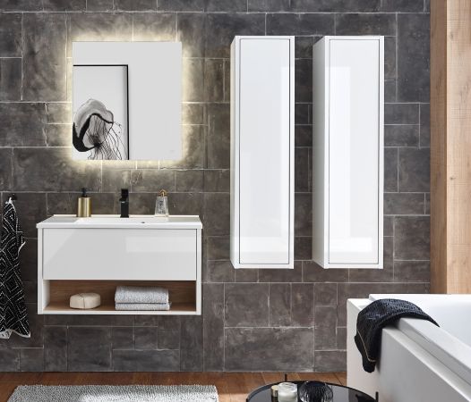 Badmbel Set Glide in wei Hochglanz und Eiche mit Waschbecken und LED Beleuchtung 160 x 190 cm