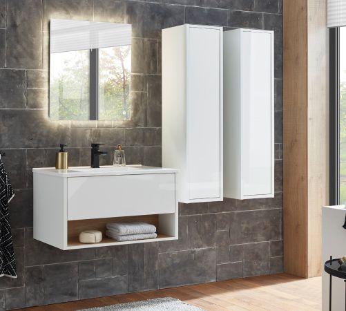 Badmbel Set Glide in wei Hochglanz und Eiche mit Waschbecken und LED Beleuchtung 160 x 190 cm