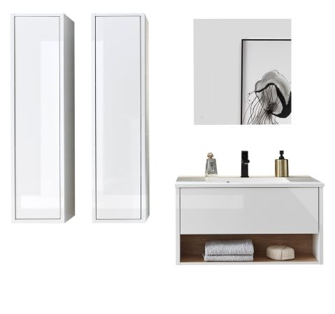 Badmbel Set Glide in wei Hochglanz und Eiche mit Waschbecken und LED Beleuchtung 160 x 190 cm