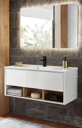 Badmbel Set Glide in wei Hochglanz und Eiche mit Waschbecken und LED Beleuchtung 100 x 190 cm