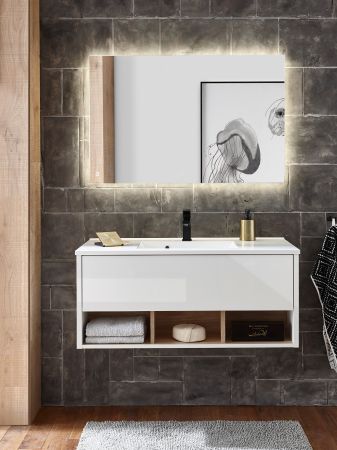 Badmbel Set Glide in wei Hochglanz und Eiche mit Waschbecken und LED Beleuchtung 100 x 190 cm