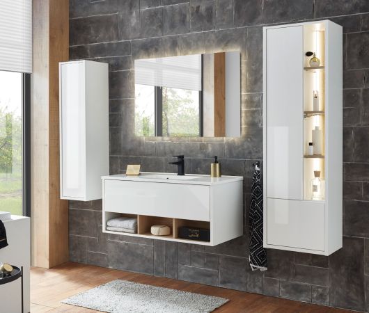 Badmbel Set Glide in wei Hochglanz und Eiche mit Waschbecken und LED Beleuchtung 100 x 190 cm