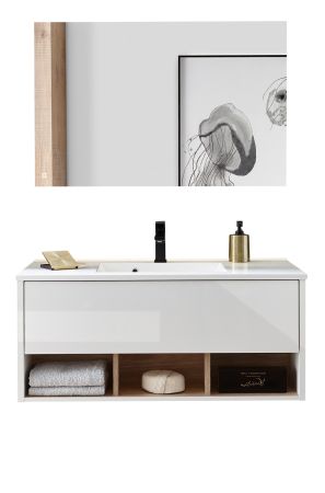 Badmbel Set Glide in wei Hochglanz und Eiche mit Waschbecken und LED Beleuchtung 100 x 190 cm