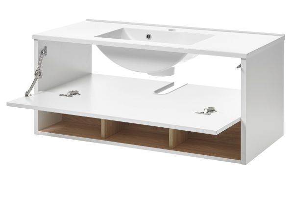 Badmbel Set Glide in wei Hochglanz und Eiche mit Waschbecken und LED Beleuchtung 100 x 190 cm
