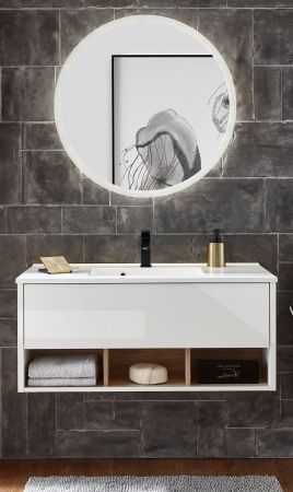 Badmbel Set Glide in wei Hochglanz und Eiche mit Waschbecken und LED Beleuchtung 100 x 190 cm