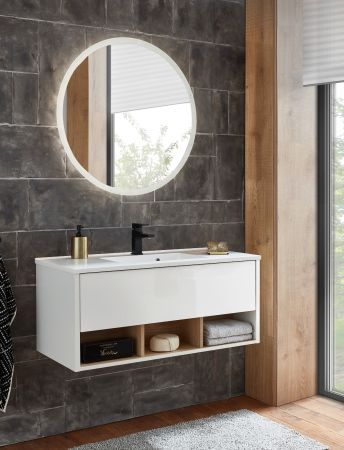 Badmbel Set Glide in wei Hochglanz und Eiche mit Waschbecken und LED Beleuchtung 100 x 190 cm