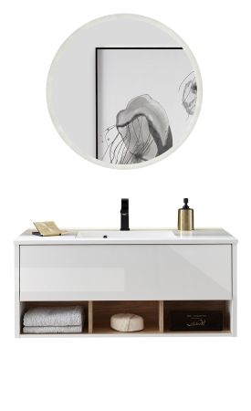 Badmbel Set Glide in wei Hochglanz und Eiche mit Waschbecken und LED Beleuchtung 100 x 190 cm