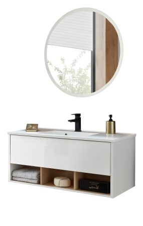 Badmbel Set Glide in wei Hochglanz und Eiche mit Waschbecken und LED Beleuchtung 100 x 190 cm