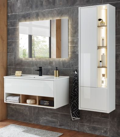 Badmbel Set Glide in wei Hochglanz und Eiche mit Waschbecken und LED Beleuchtung 155 x 190 cm