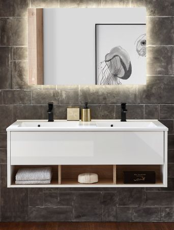 Badmbel Set Glide in wei Hochglanz und Eiche mit Doppelwaschbecken und LED Beleuchtung 120 x 190 cm