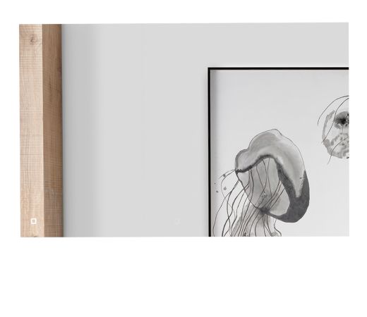 Badmbel Set Glide in wei Hochglanz und Eiche mit Doppelwaschbecken und LED Beleuchtung 120 x 190 cm