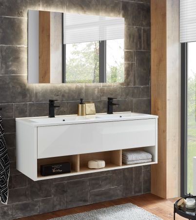 Badmbel Set Glide in wei Hochglanz und Eiche mit Doppelwaschbecken und LED Beleuchtung 120 x 190 cm