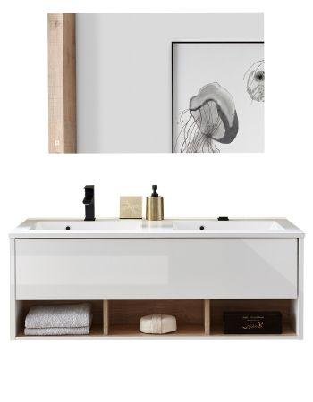 Badmbel Set Glide in wei Hochglanz und Eiche mit Doppelwaschbecken und LED Beleuchtung 120 x 190 cm