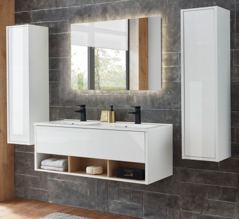 Badmbel Set Glide in wei Hochglanz und Eiche mit Doppelwaschbecken und LED Beleuchtung 200 x 190 cm