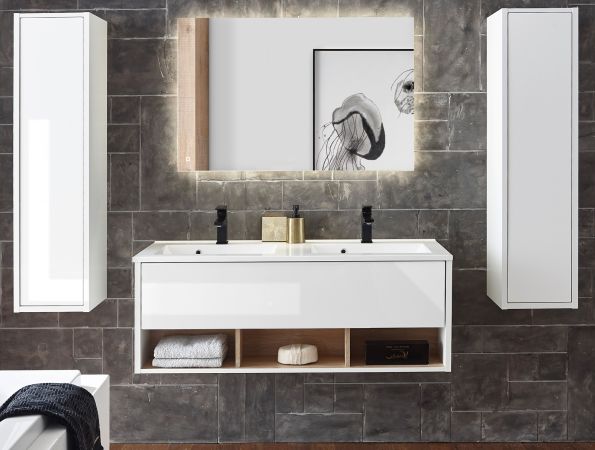 Badmbel Set Glide in wei Hochglanz und Eiche mit Doppelwaschbecken und LED Beleuchtung 200 x 190 cm