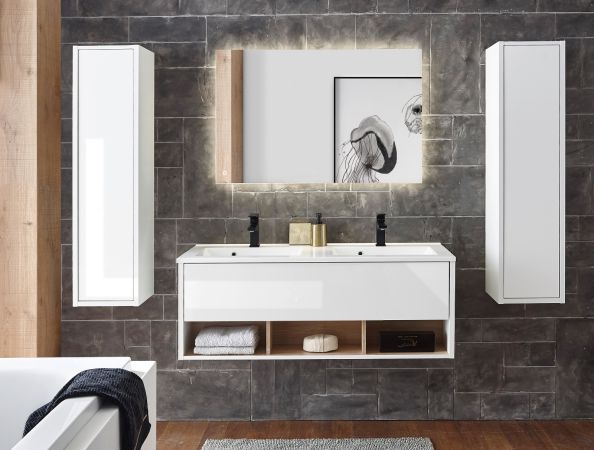 Badmbel Set Glide in wei Hochglanz und Eiche mit Doppelwaschbecken und LED Beleuchtung 200 x 190 cm