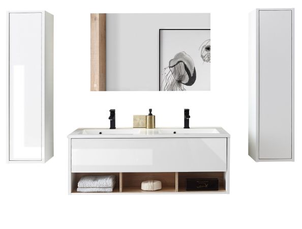 Badmbel Set Glide in wei Hochglanz und Eiche mit Doppelwaschbecken und LED Beleuchtung 200 x 190 cm