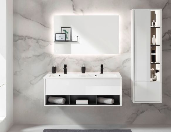 Badezimmer Hochschrank Glide in wei Hochglanz und grau inkl. Beleuchtung 45 x 150 cm