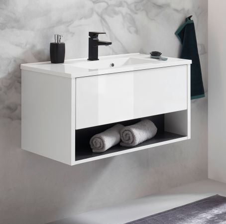 Waschbeckenunterschrank MIT Waschbecken Glide in wei Hochglanz und grau 80 cm