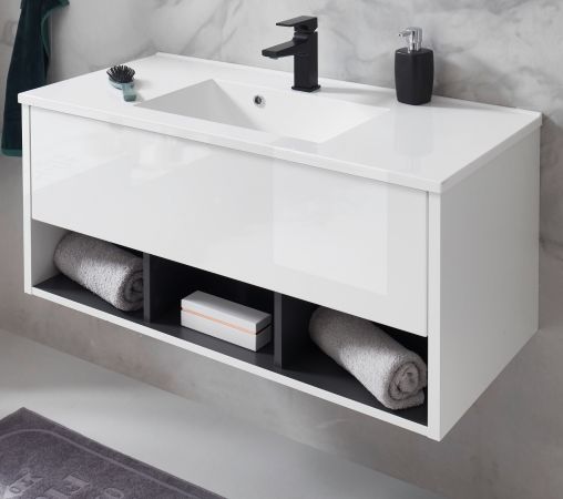 Waschbeckenunterschrank MIT Waschbecken Glide in wei Hochglanz und grau 100 cm