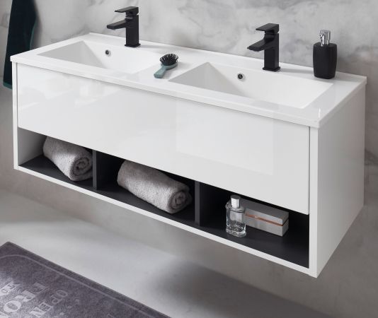Waschbeckenunterschrank MIT Doppelwaschbecken Glide in wei Hochglanz und grau 120 cm