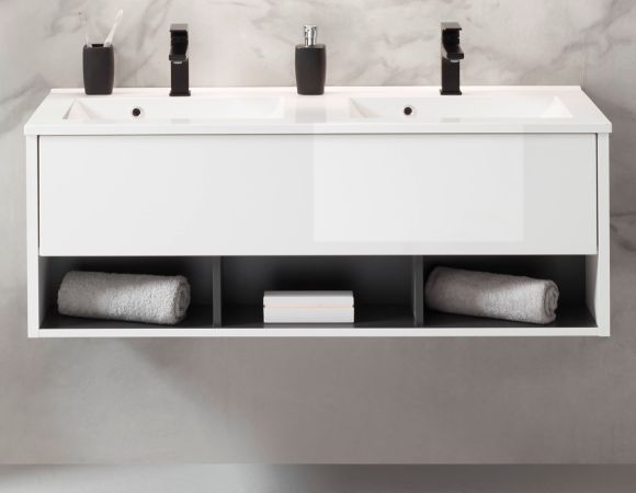 Waschbeckenunterschrank MIT Doppelwaschbecken Glide in wei Hochglanz und grau 120 cm