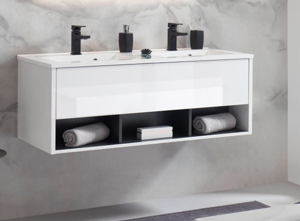 Waschbeckenunterschrank MIT Doppelwaschbecken Glide in wei Hochglanz und grau 120 cm