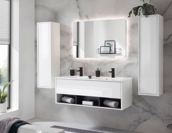 Waschbeckenunterschrank MIT Doppelwaschbecken Glide in wei Hochglanz und grau 120 cm