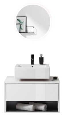Badmbel Set 2-teilig Glide in wei Hochglanz und grau mit LED Beleuchtung 80 x 190 cm