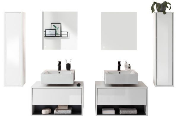 Badmbel Set 6-teilig Glide in wei Hochglanz und grau mit LED Beleuchtung 250 x 190 cm