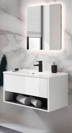 Badmbel Set Glide in wei Hochglanz und grau mit Waschbecken und LED Beleuchtung 80 x 190 cm
