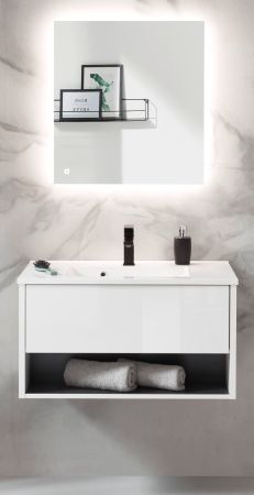 Badmbel Set Glide in wei Hochglanz und grau mit Waschbecken und LED Beleuchtung 80 x 190 cm