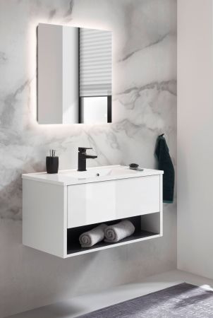 Badmbel Set Glide in wei Hochglanz und grau mit Waschbecken und LED Beleuchtung 80 x 190 cm
