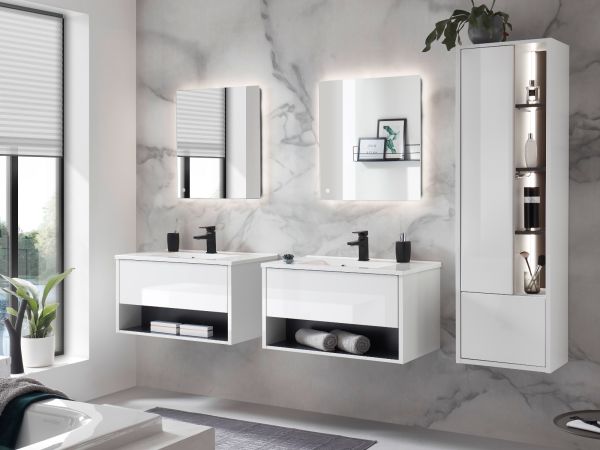 Badmbel Set Glide in wei Hochglanz und grau mit Waschbecken und LED Beleuchtung 80 x 190 cm