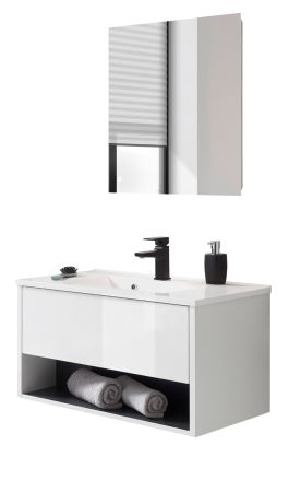 Badmbel Set Glide in wei Hochglanz und grau mit Waschbecken und LED Beleuchtung 80 x 190 cm