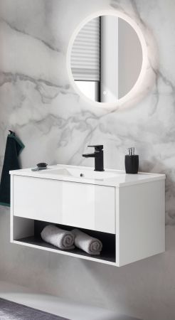 Badmbel Set Glide in wei Hochglanz und grau mit Waschbecken und LED Beleuchtung 80 x 190 cm