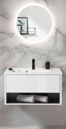 Badmbel Set Glide in wei Hochglanz und grau mit Waschbecken und LED Beleuchtung 80 x 190 cm